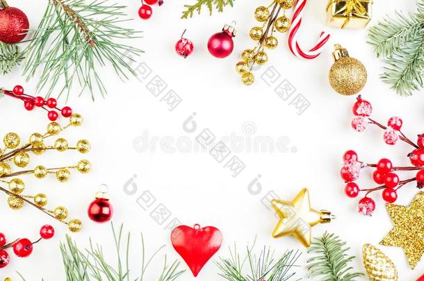 框架使关于圣诞节装饰.红色的冬青浆果,金stationary稳定的