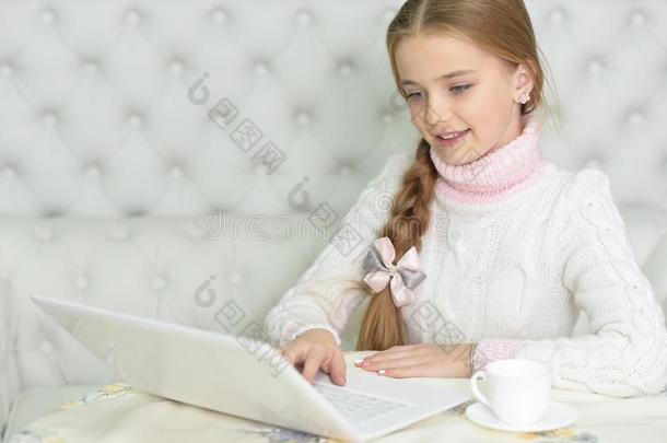 肖像关于漂亮的美丽的女孩使用便携式电脑