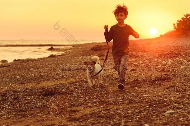 5年老的<strong>小孩</strong>和狗<strong>跑步</strong>在秋海滩和日落太阳
