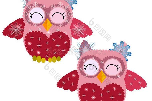 漂亮的粉红色的猫头鹰采用雪花,采用一王冠关于雪花