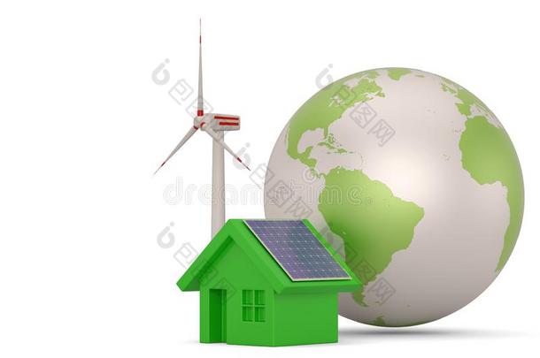 绿色的房屋ec向omy经济观念太阳的能量房屋隔离的向白色的用绳子拖的平底渡船