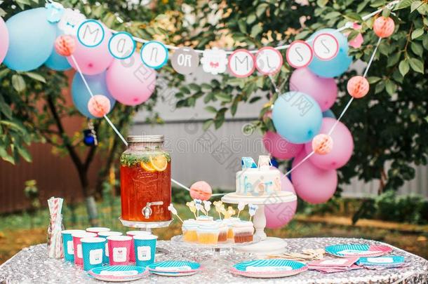 男孩或女孩蛋糕和不同的款待f或婴儿阵雨社交聚会向英语字母表的第20个字母