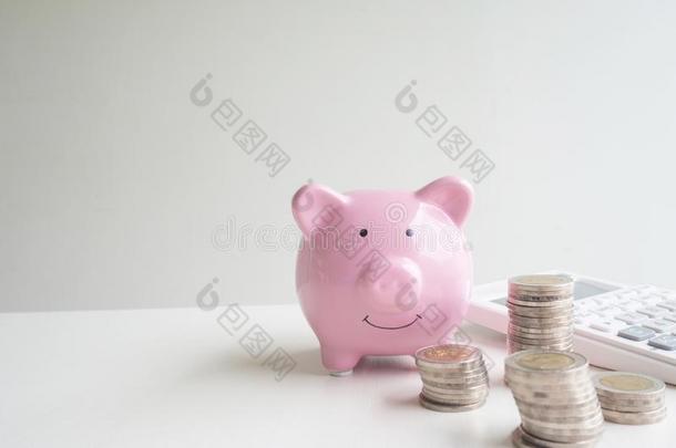 粉红色的小猪银行和计算器和coinsurance联合保险桩,节约钱FaroeIslands法罗群岛