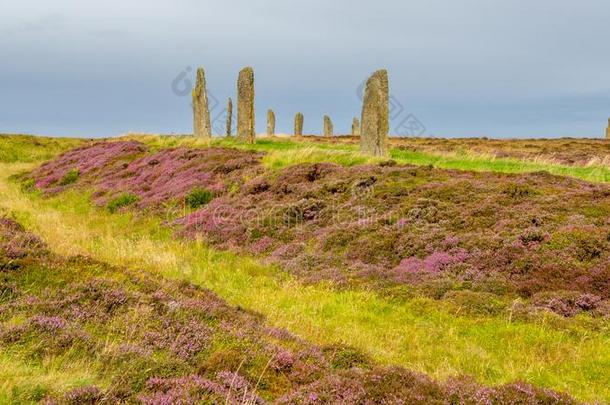 石头圆形石结构在指已提到的人戒指关于布罗德加,奥克尼郡,苏格兰.新石器时代的