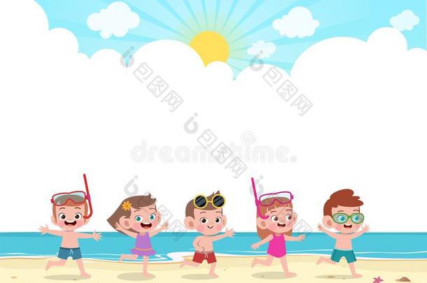 幸福的小孩比赛在海滩矢量illustr在ion
