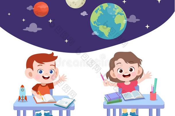 小孩学习天文学矢量说明