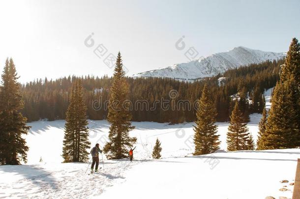 人步行向一下雪的小山ne一r树和一下雪的mount一in