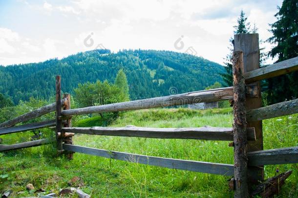 老的木制的栅栏采用指已提到的人mounta采用s.森林和身材高的树.莫塔