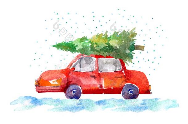 圣诞节树向指已提到的人屋顶红色的汽车和雪花.新的年汽车d.