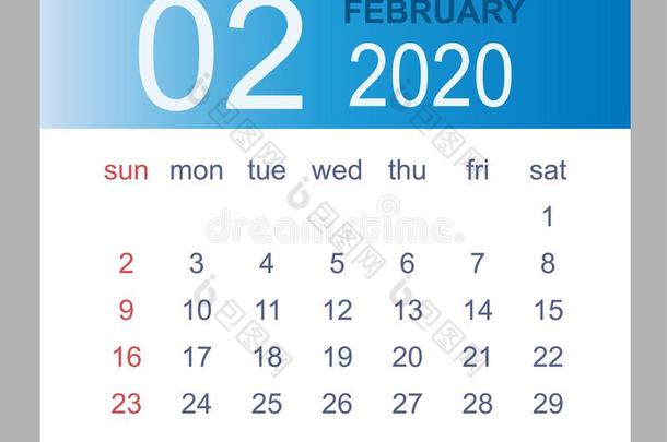 二月2020.矢量每月的日历样板2020年采用simul同时