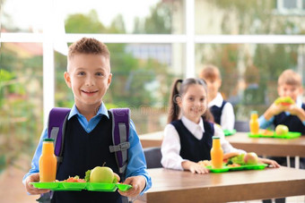 幸福的男孩佃户租种的土地盘子和健康的食物采用学校图片