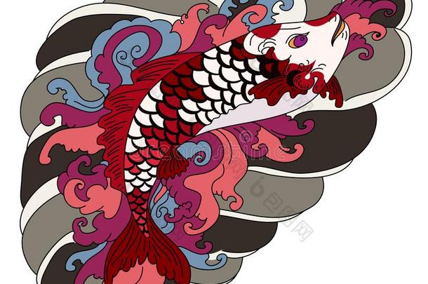 美丽的线条艺术锦鲤挑剔文身设计,富有色彩的锦鲤鱼和