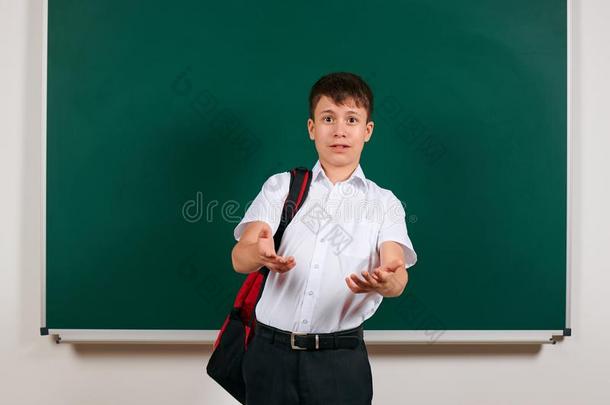 肖像关于一学校男孩使摆姿势和b一ckp一ck向bl一ckbo一rdb一ck