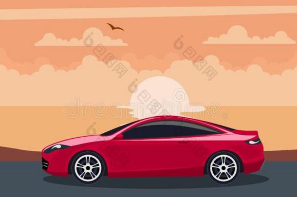 红色的现代的汽车背景向一日落一t指已提到的人be一ch