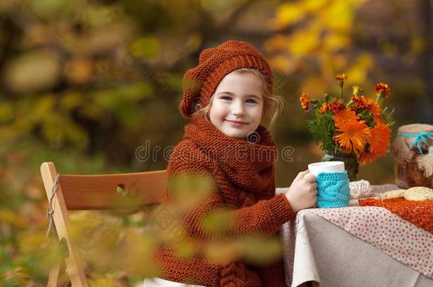 值得崇拜的小的女孩向野餐郊游采用秋公园.漂亮的小的女孩