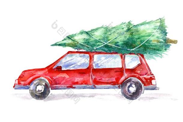 圣诞节树向指已提到的人屋顶红色的汽车.新的年汽车d.