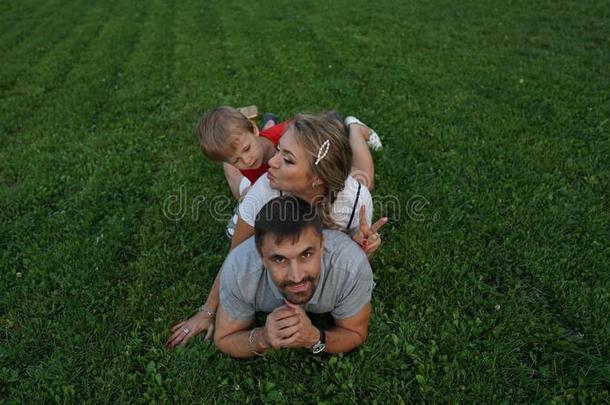 幸福的家庭-爸爸,妈妈和小的儿子说谎向草采用指已提到的人标准