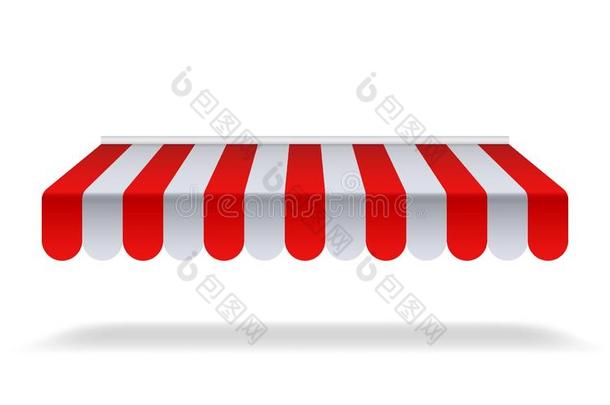 红色的和白色的遮阳伞为市场或商店.敞开的布做的凉篷和