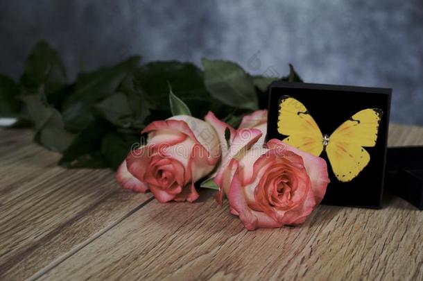 悦耳而柔和的记号简历玫瑰和黑的现在的盒和黄色的蝴蝶向