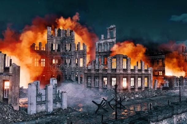 燃烧的建筑物毁坏关于破坏后的战争城市