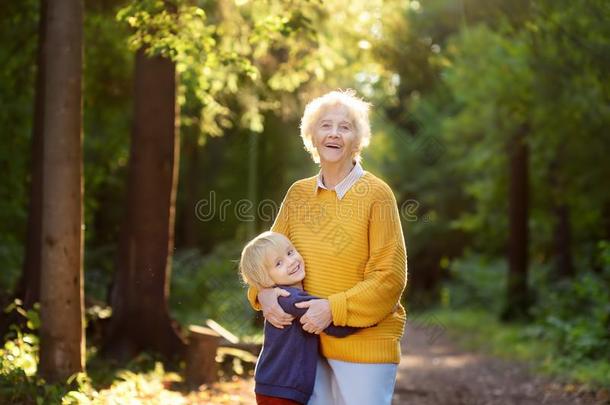爱的孙子温和地拥抱他的快乐的上了年纪的奶奶