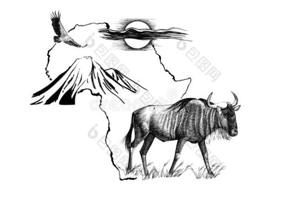 羚羊的一种向非洲地图背景和乞力马扎罗山山,英语字母表的第22个字母