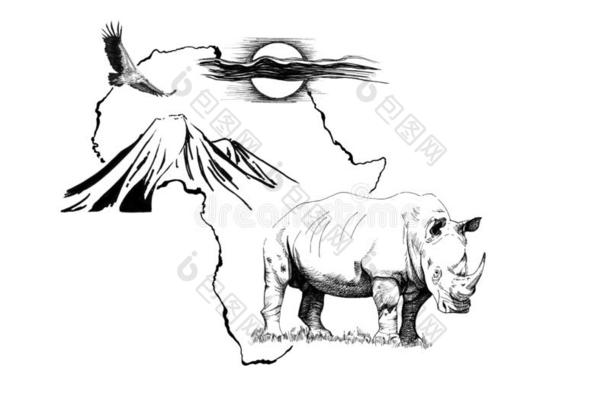 犀牛向非洲地图背景和乞力马扎罗山山,秃鹫