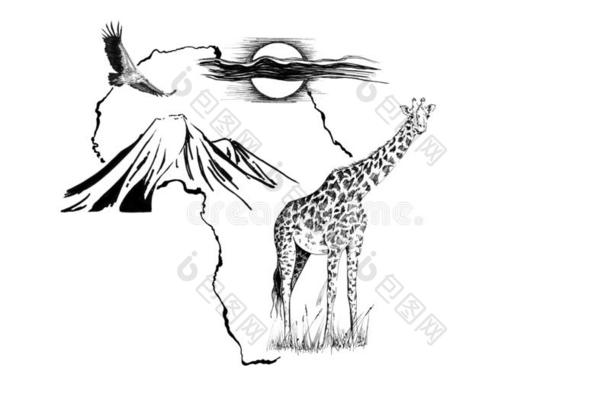 长颈鹿向非洲地图背景和<strong>乞力马扎罗山</strong>山,秃鹫