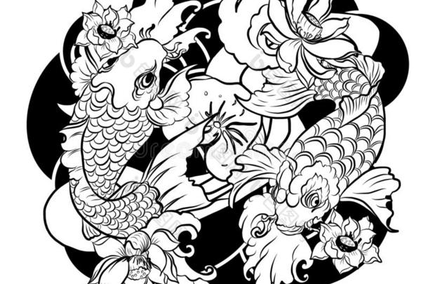 美丽的线条艺术锦鲤挑剔文身设计,富有色彩的锦鲤鱼和