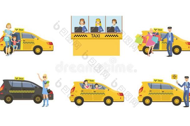 出租车服务放置,出租车驾驶员采用黄色的汽车和乘客,custody监督