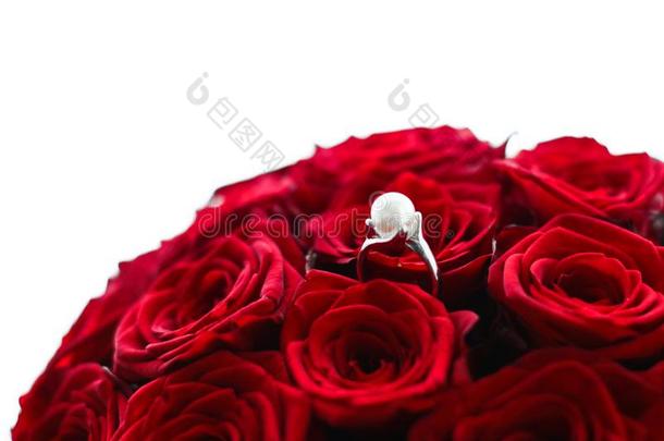 美丽的白色的金珍珠戒指和花束关于红色的玫瑰,奢侈