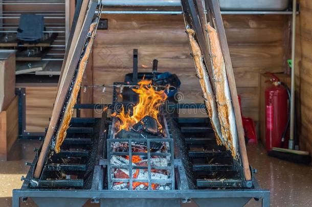 新近烤的鳕鱼干向敞开的火和灼热的木炭,圆顶帐篷