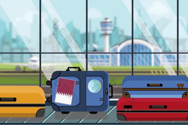 手提箱和卡塔尔人旗有背胶的标签向行李旋转木马采用航空