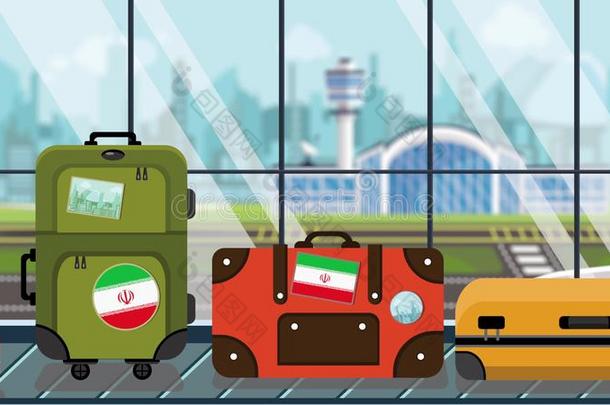 手提箱和伊朗的旗有背胶的标签向行李旋转木马采用AIRP