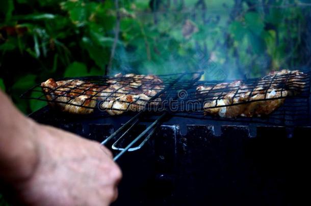 烹饪术肉,木炭采用指已提到的人花园.barbecue吃烤烧肉的野餐采用指已提到的人新鲜的天空.