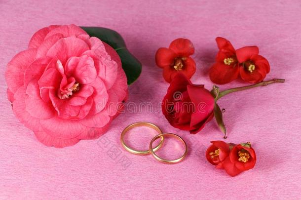 两个婚礼戒指,红色的花和粉红色的山茶花