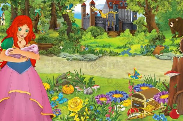 漫画自然地点和美丽的城堡和公主-图解