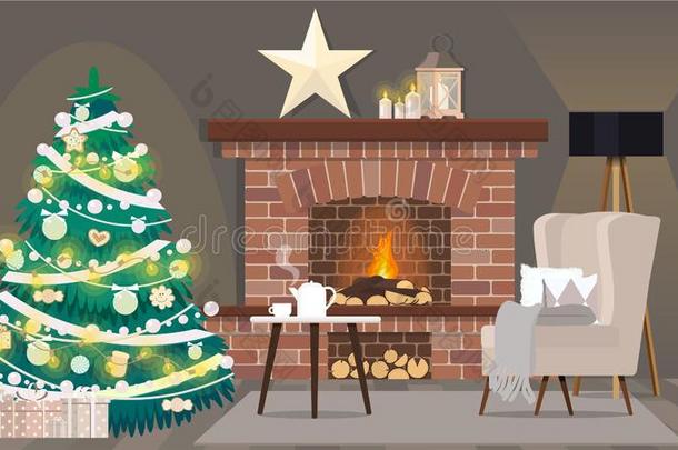 舒适的活的房间和壁炉,扶手椅和圣诞节装饰