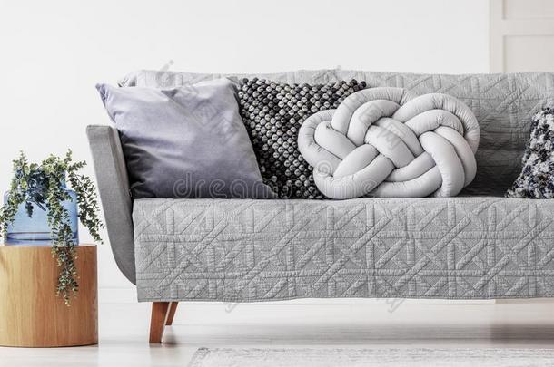 时髦的结光灰色的枕头向舒适的斯堪的纳维亚的长沙发椅