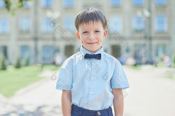 聪明的小的男生采用衬衫和蝴蝶