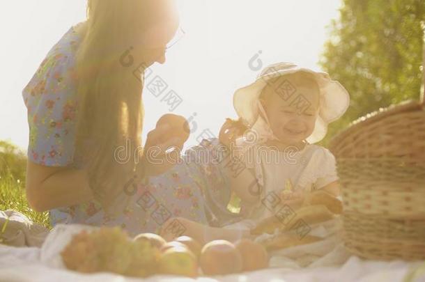 <strong>欢乐</strong>的小的婴儿女孩和她妈妈所有野餐郊游向<strong>一夏</strong>