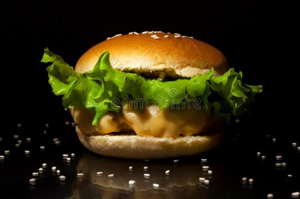 快的食物观念:新鲜的美味的汉堡包向黑暗的背景