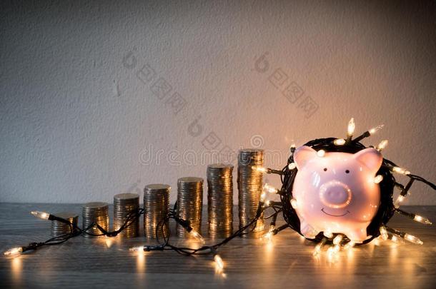 粉红色的小猪银行和.coinsurance联合保险桩生长图表和社交聚会家畜的肺脏,