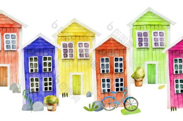 说明关于水彩漂亮的富有色彩的北欧人木制的住宅一