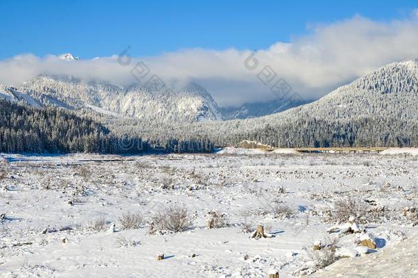 白色的冬雪原自然风景在旁边指已提到的人倾泻山