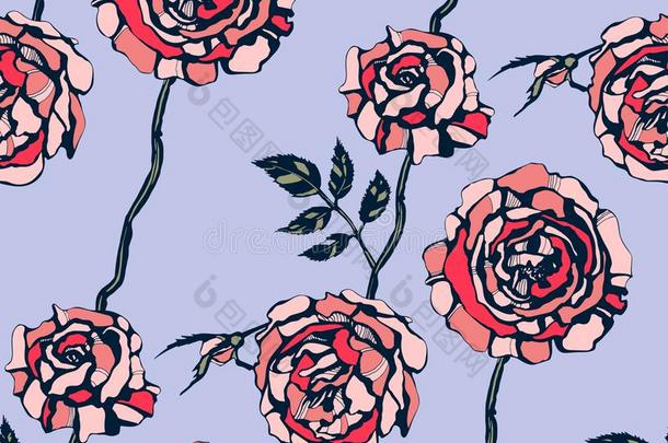 无缝的花的模式和<strong>玫瑰手绘</strong>画装饰的后面