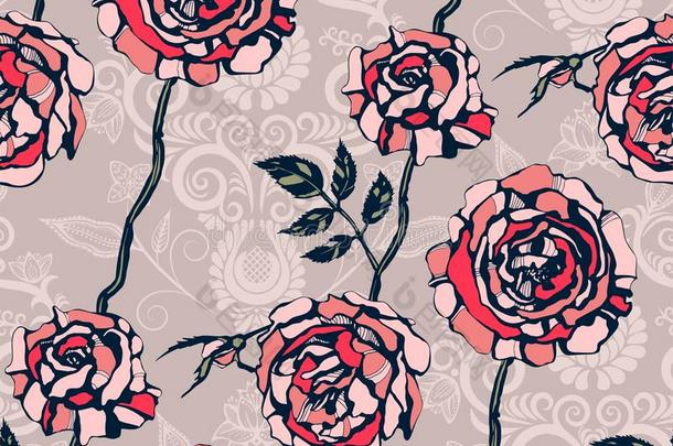 无缝的花的模式和<strong>玫瑰手绘</strong>画装饰的后面