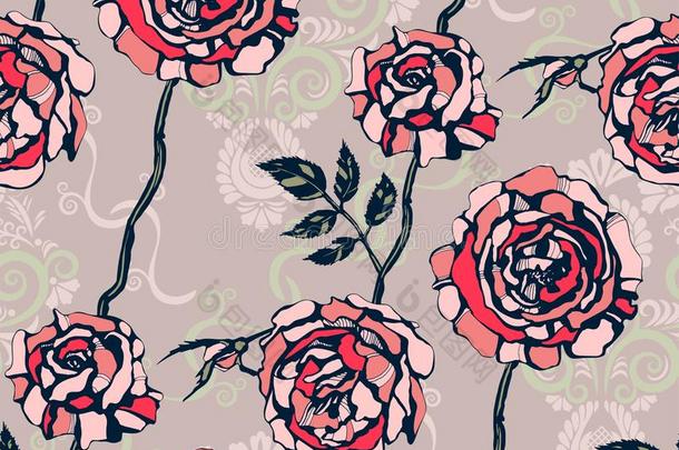 无缝的花的模式和玫瑰手绘画装饰的后面