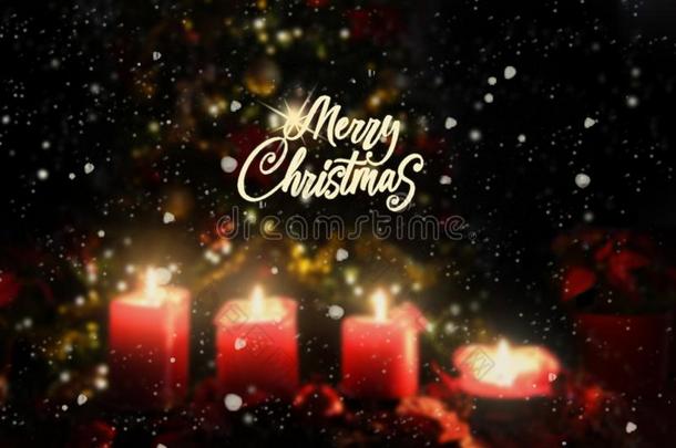 蜡烛4红色的火焰,雪,愉快的圣诞节文本被照明的树英语字母表的第2个字母