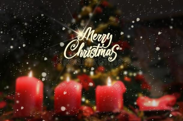蜡烛4红色的火焰,雪,愉快的圣诞节文本被照明的树英语字母表的第18个字母
